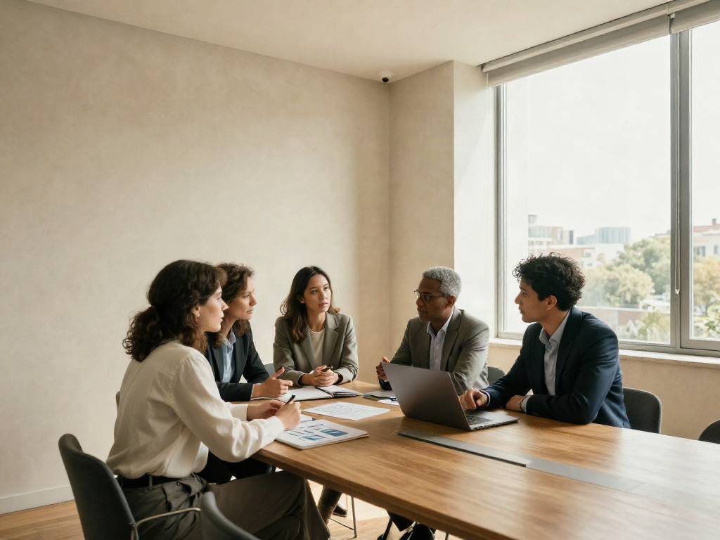 Consultants sharing perspectives during a strategic business review in a bright modern office